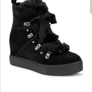 J/SLIDES suede and faux fur chic winter booties.